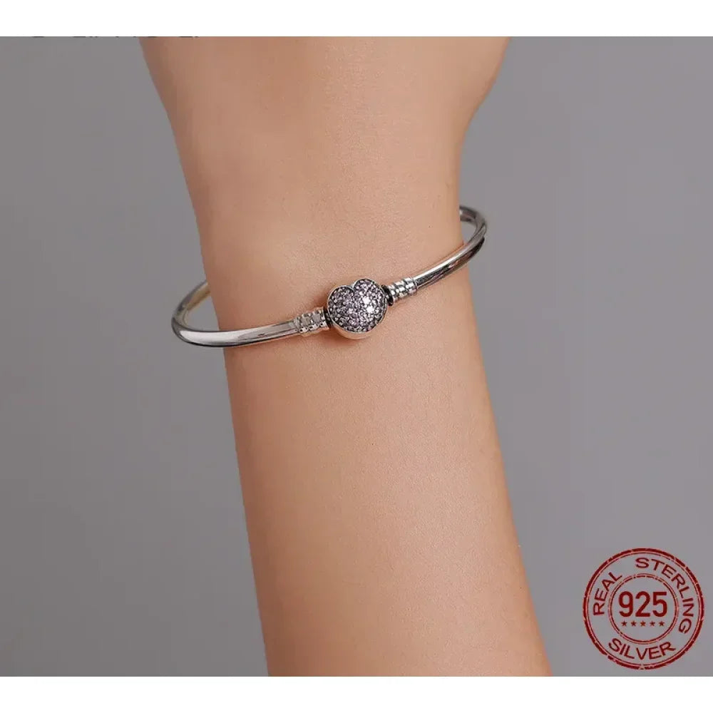 Sterling Silver Snake Chain Bangle Bracelet with CZ Pavé