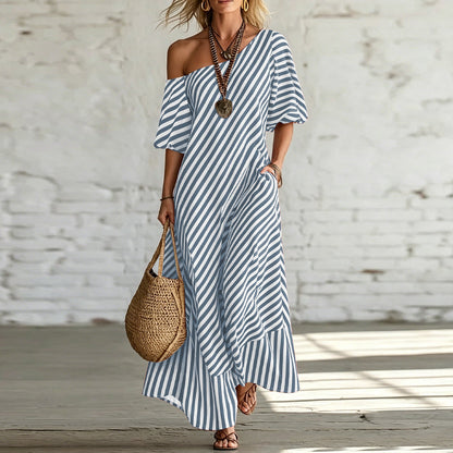 Asymmetrical One-Shoulder Striped Maxi Dress – Puff Sleeve Ruffle Hem Loose Vacation Dress with Pockets