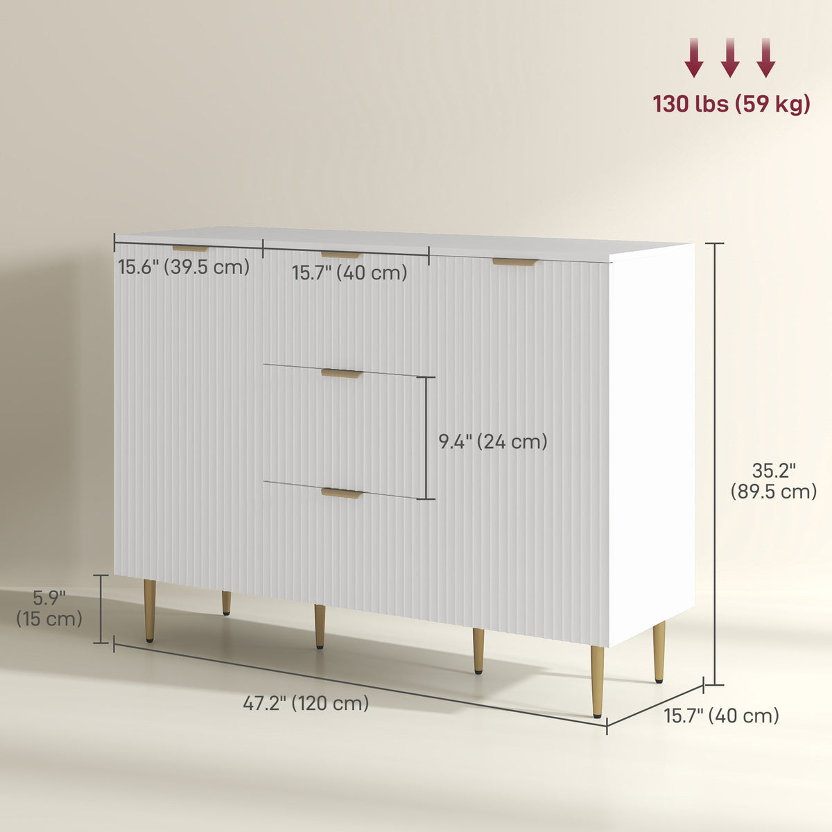 Buffet de cuisine moderne/Meuble de couloir Ellis avec 3 tiroirs - Blanc