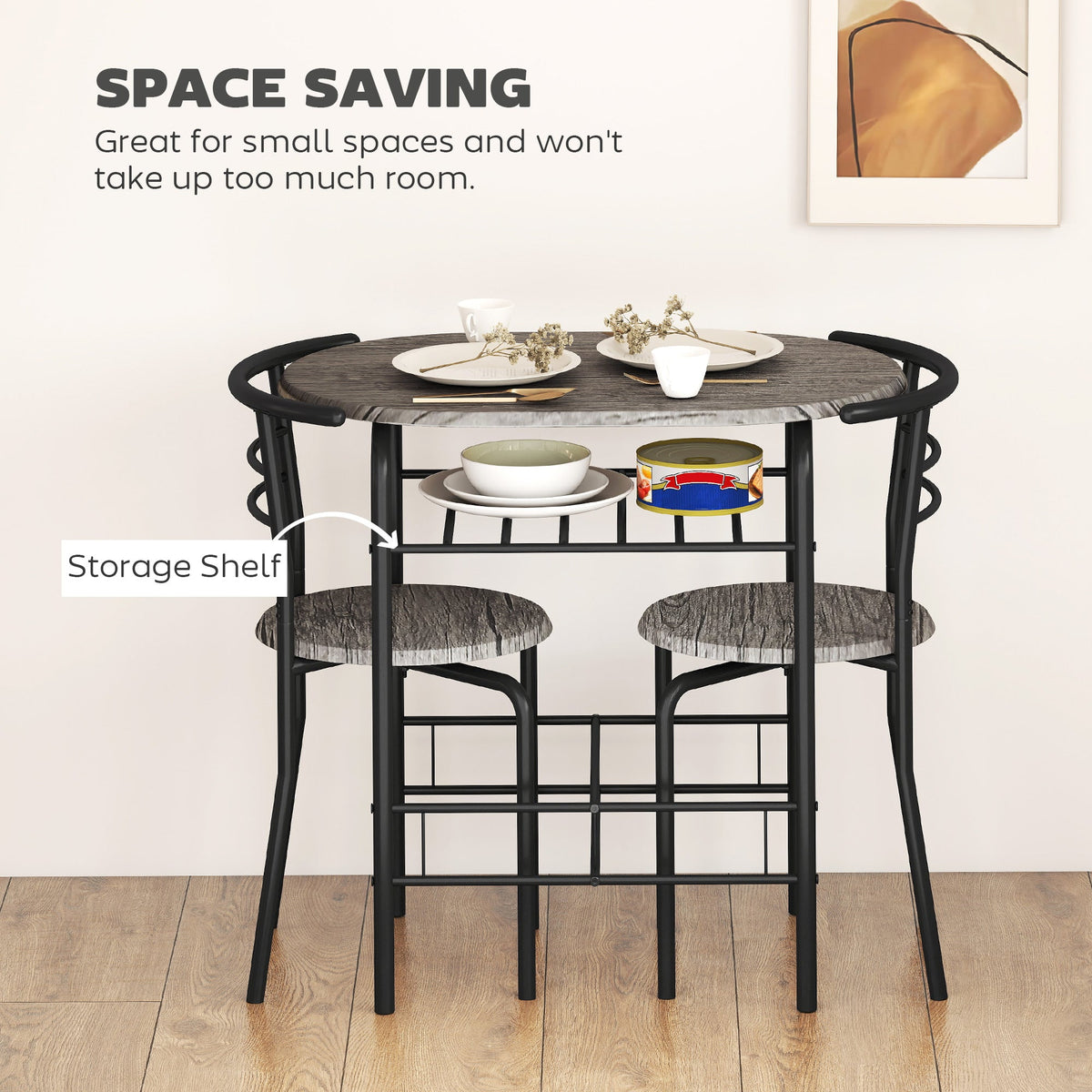 Ensemble de salle à manger 3 pièces Foden avec étagère, pour petits espaces - Gris foncé
