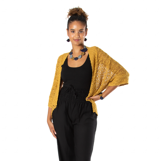 Cardigan à manches courtes en tricot point de riz - Moutarde