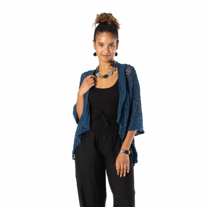 Popcorn Knit Short Sleeve Cardigan -  Navy Blue
