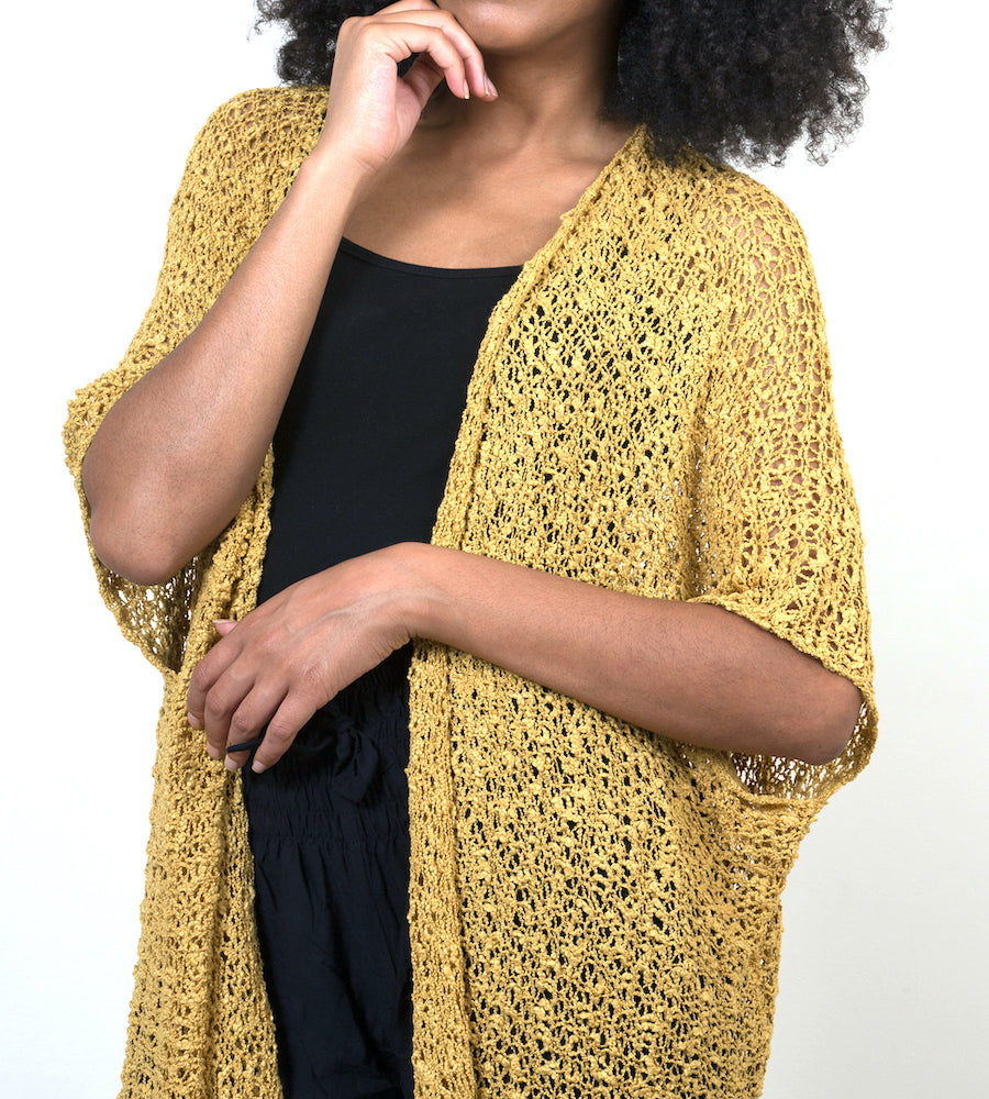 Kimono en tricot popcorn mi-long - Moutarde