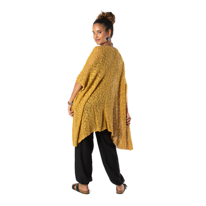Kimono en tricot popcorn mi-long - Moutarde