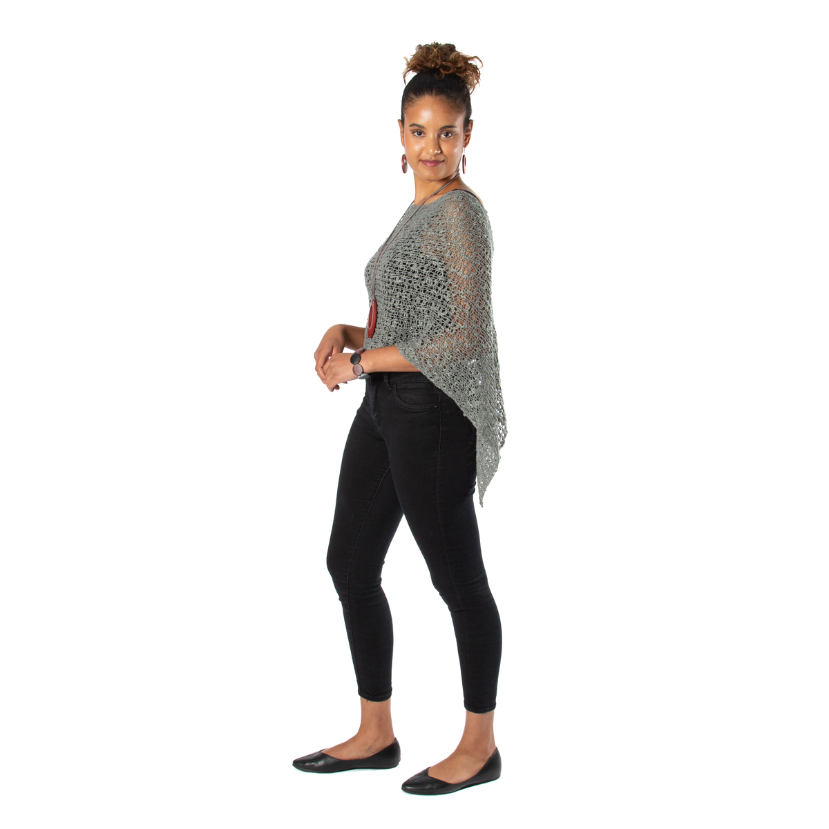 Short Popcorn Knit Poncho - Grey