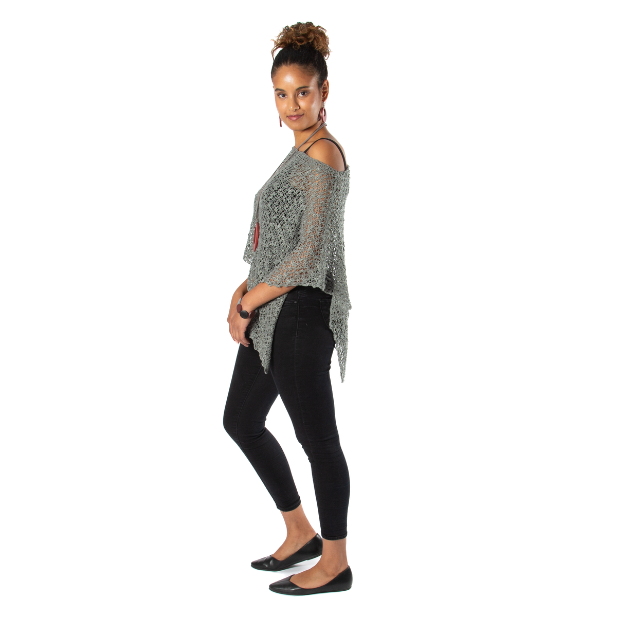 Short Popcorn Knit Poncho - Grey