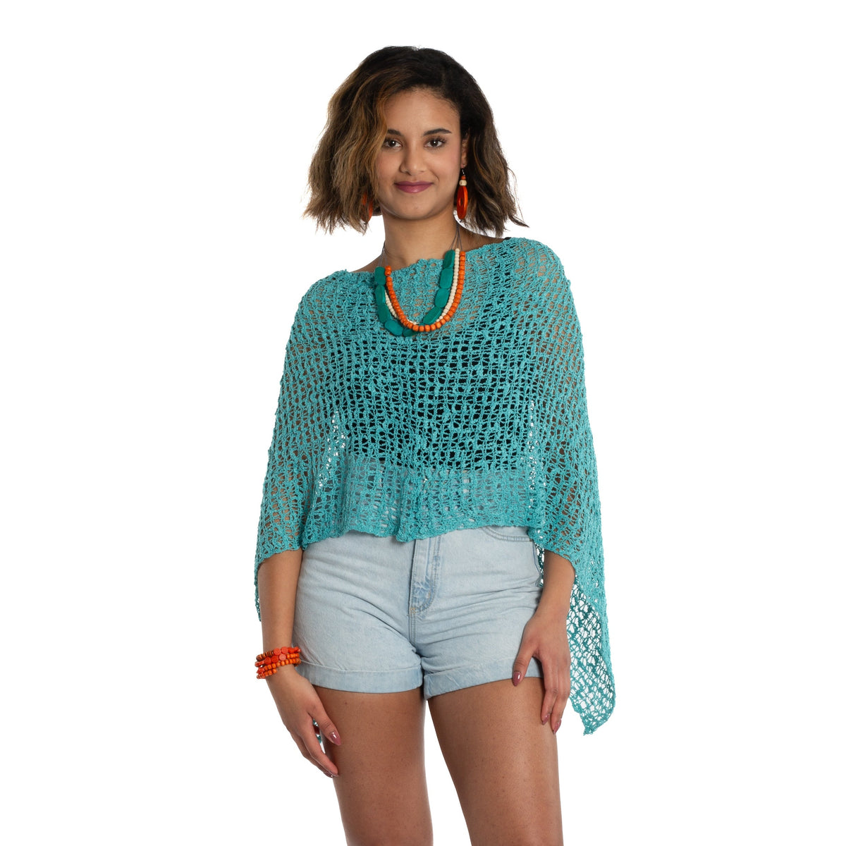 Poncho court en tricot Popcorn - Bleu sarcelle