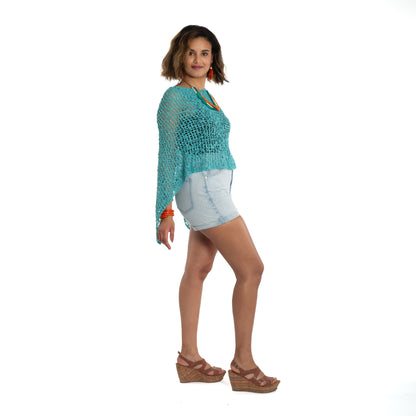 Poncho court en tricot Popcorn - Bleu sarcelle
