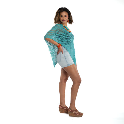 Poncho court en tricot Popcorn - Bleu sarcelle