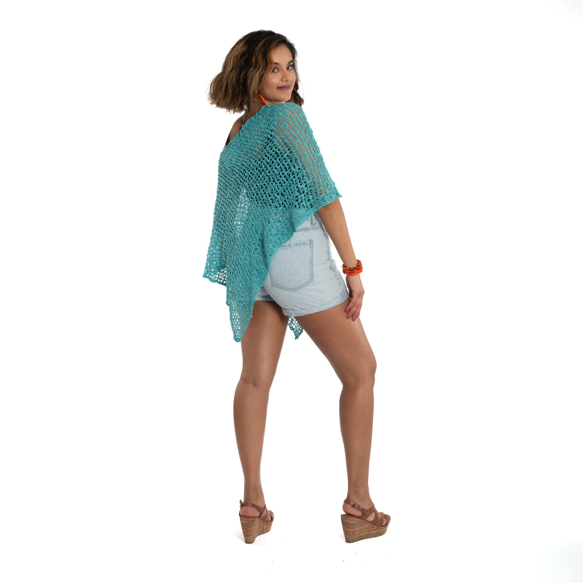 Poncho court en tricot Popcorn - Bleu sarcelle