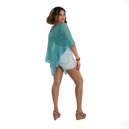 Poncho court en tricot Popcorn - Bleu sarcelle