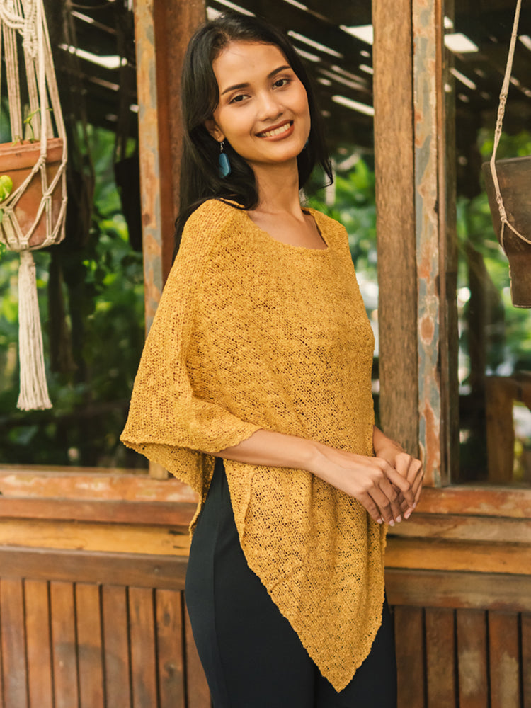Poncho en tricot double Popcorn - Safran