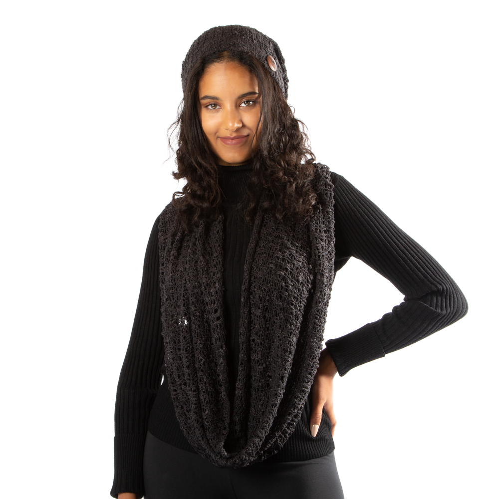 Bonnet tricoté en popcorn noir avec bouton