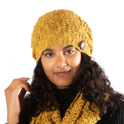 Mustard Popcorn Knit Hat With Button