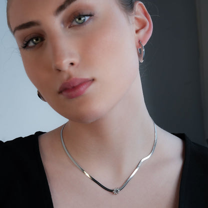 AGULHAS White Gold (Silver Toned): Celestial Elegance - Snake Skin Chain Necklace with Zirconia Embedded Star Charm