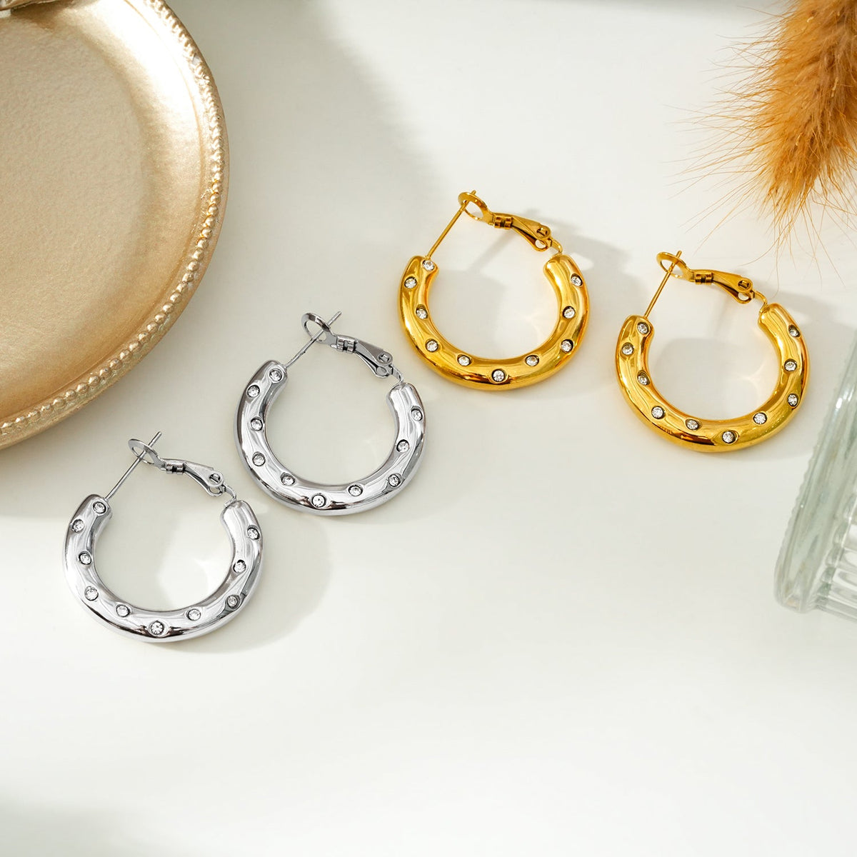 ALFRISTON White Gold (Silver Toned): Mid-Width Hoops Embedded with Zirconia (CZ) Gemstones