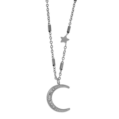 ALMERIA Argent (Or Blanc) : Magie Céleste - Collier Étoile et Croissant de Lune serti de Zircons