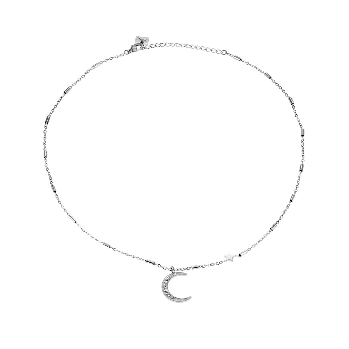 ALMERIA Argent (Or Blanc) : Magie Céleste - Collier Étoile et Croissant de Lune serti de Zircons