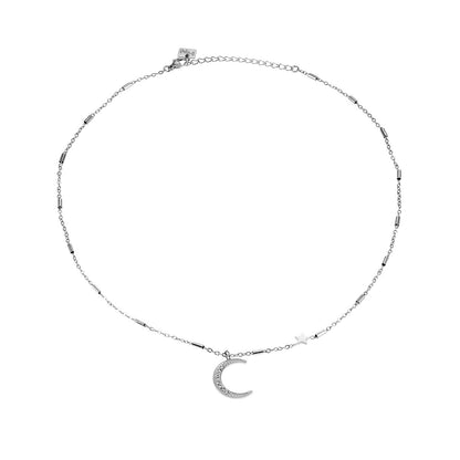 ALMERIA Argent (Or Blanc) : Magie Céleste - Collier Étoile et Croissant de Lune serti de Zircons
