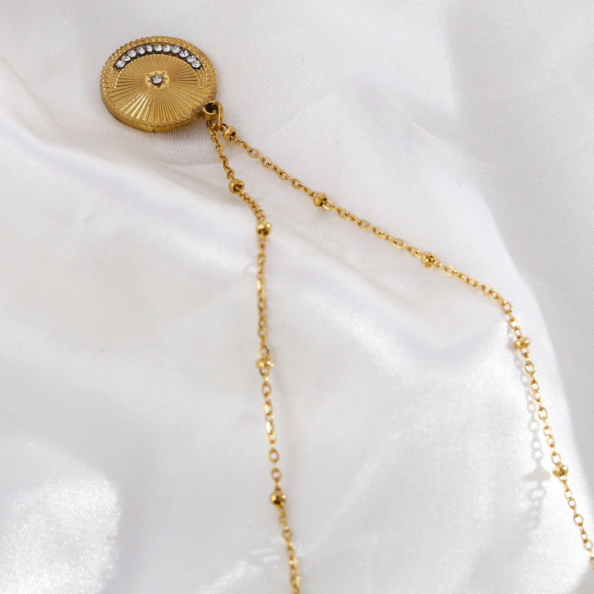 AMASA: Beaded Chain with Star & Pavé Crescent Moon Zirconia Charm - Gold