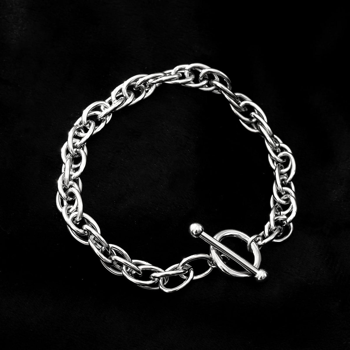 ARDA Silver (White Gold): Chunky Intricate Multi-Link Bracelet with Circle & T-Stopper