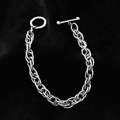 ARDA Silver (White Gold): Chunky Intricate Multi-Link Bracelet with Circle & T-Stopper
