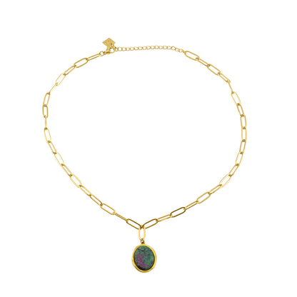 ASAMI Gold: Contemporary Paperclip Chain anchoring a Ruby Zoisite Oval Pendant