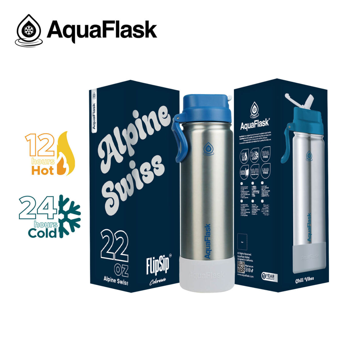 Bouteille d'eau isotherme AquaFlask (650 ml) Colorwave Flip Sip en acier inoxydable à double paroi, pour boissons chaudes et froides
