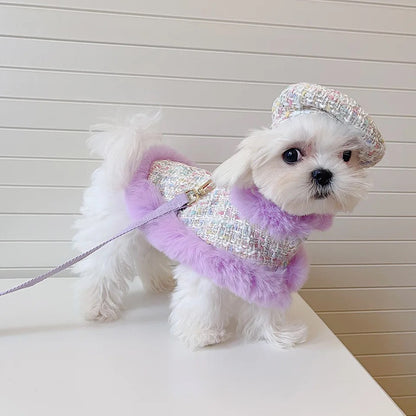 Lilac Harness and Leash Set | Plaid Dog Harness Hat Set
