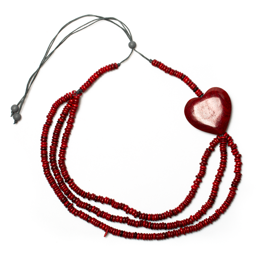 Triple Strand Coconut Bead & Wooden Heart Necklace