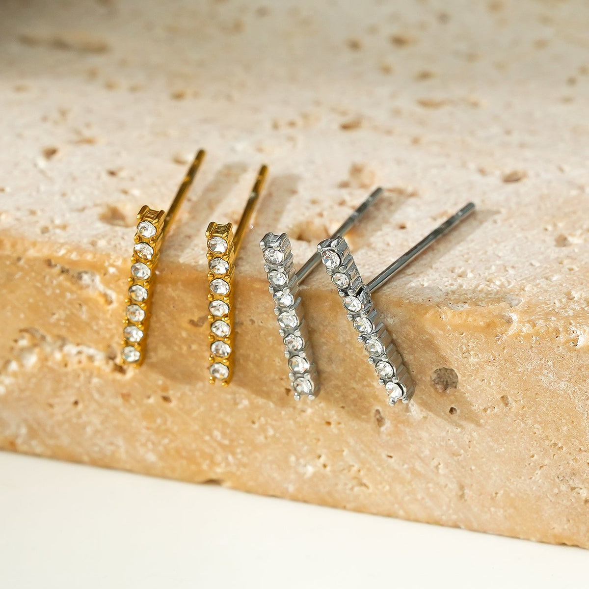 BIHAR: Minimalist Pavé Zirconia Embedded Bar Stud Earrings in White Gold (Silver Toned)