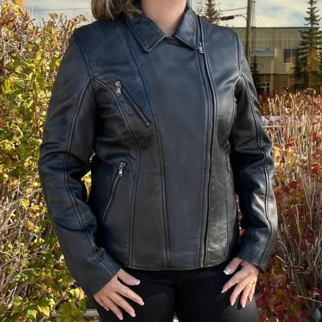 BOL Women's Lamb Leather Biker Style Jacket with Asymmetrical Zip
