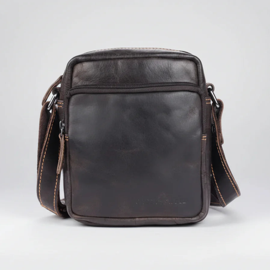 Greenwood Leather Mini-Messenger Bag. Premium Compact Crossbody Travel Organizer