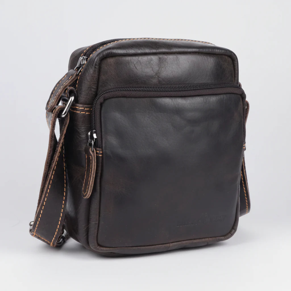 Greenwood Leather Mini-Messenger Bag. Premium Compact Crossbody Travel Organizer