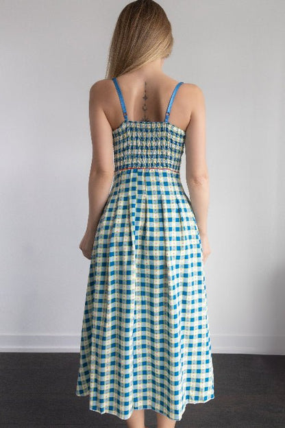 Retro Gingham Midi Dress with Red Bow