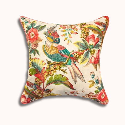 Housse de coussin oiseaux de paradis tropicaux 40x40cm – Broderie Perroquet sur coton, dos en soie de papier