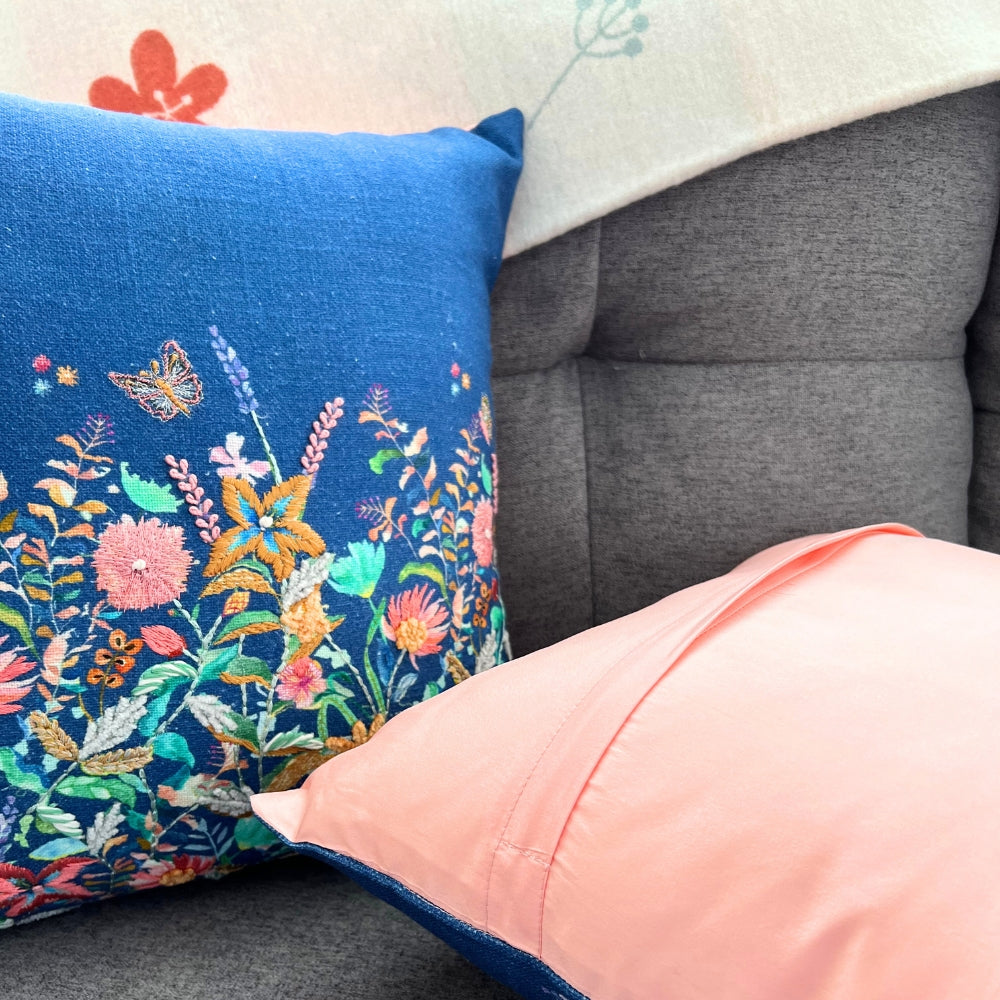 16x16" Blue Floral Embroidered Pillow Cover – Multi-Color Border, Paper Silk Back