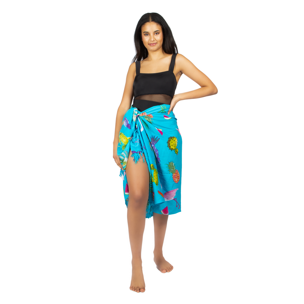Sarong imprimé Flamant et fruits - Turquoise
