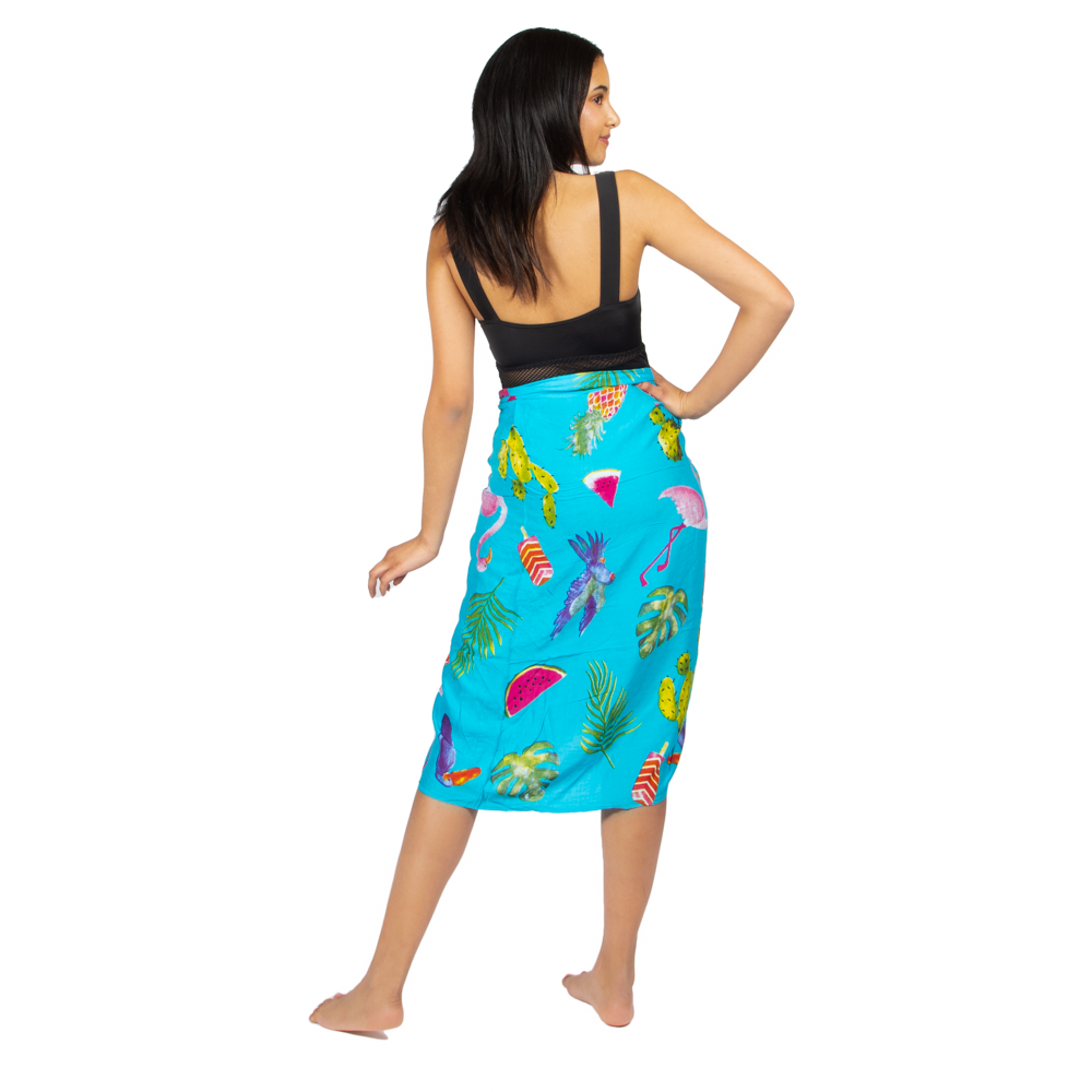 Sarong imprimé Flamant et fruits - Turquoise