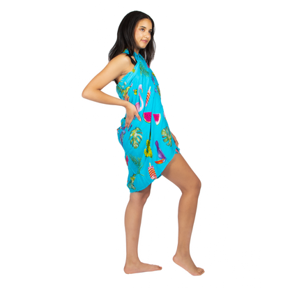 Sarong imprimé Flamant et fruits - Turquoise