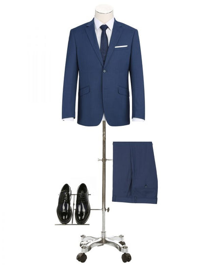 CRÉEZ VOTRE FORFAIT : Costume ajusté extensible bleu (Le forfait comprend : un costume 2 pièces, une chemise, une cravate ou un nœud papillon, une pochette assortie et des chaussures)
