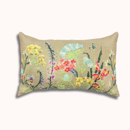 12x20" Embroidered Wildflower Lumbar Pillow – Cotton Front, Paper Silk Back