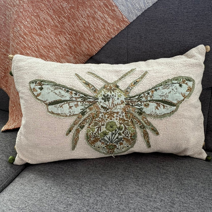 Housse de Coussin Lombaire en Lin Brodé Bourdon – Coussin Décoratif Bohème Chic et Ferme avec Pompons