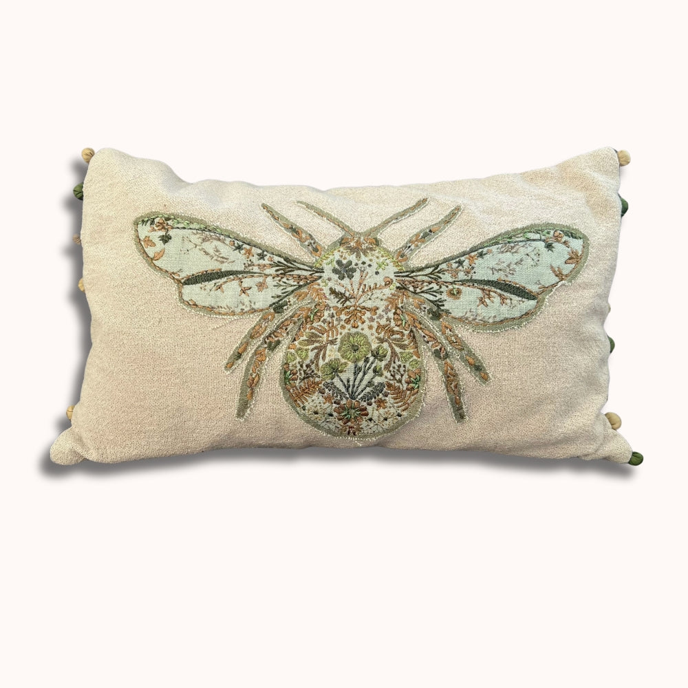Housse de Coussin Lombaire en Lin Brodé Bourdon – Coussin Décoratif Bohème Chic et Ferme avec Pompons