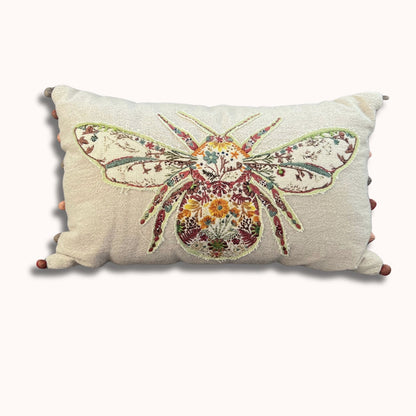 Housse de Coussin Lombaire en Lin Brodé Bourdon – Coussin Décoratif Bohème Chic et Ferme avec Pompons