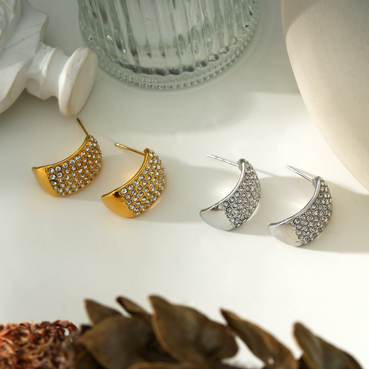 Style CARMEL: Curved Pavé Zirconia Stud Earrings in Gold