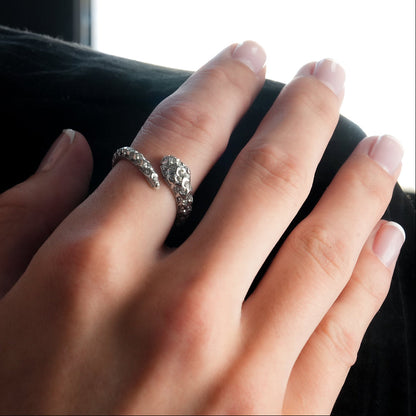 CARMEN White Gold (Silver Toned): Zirconia Embedded Ancient Serpent Design Ring