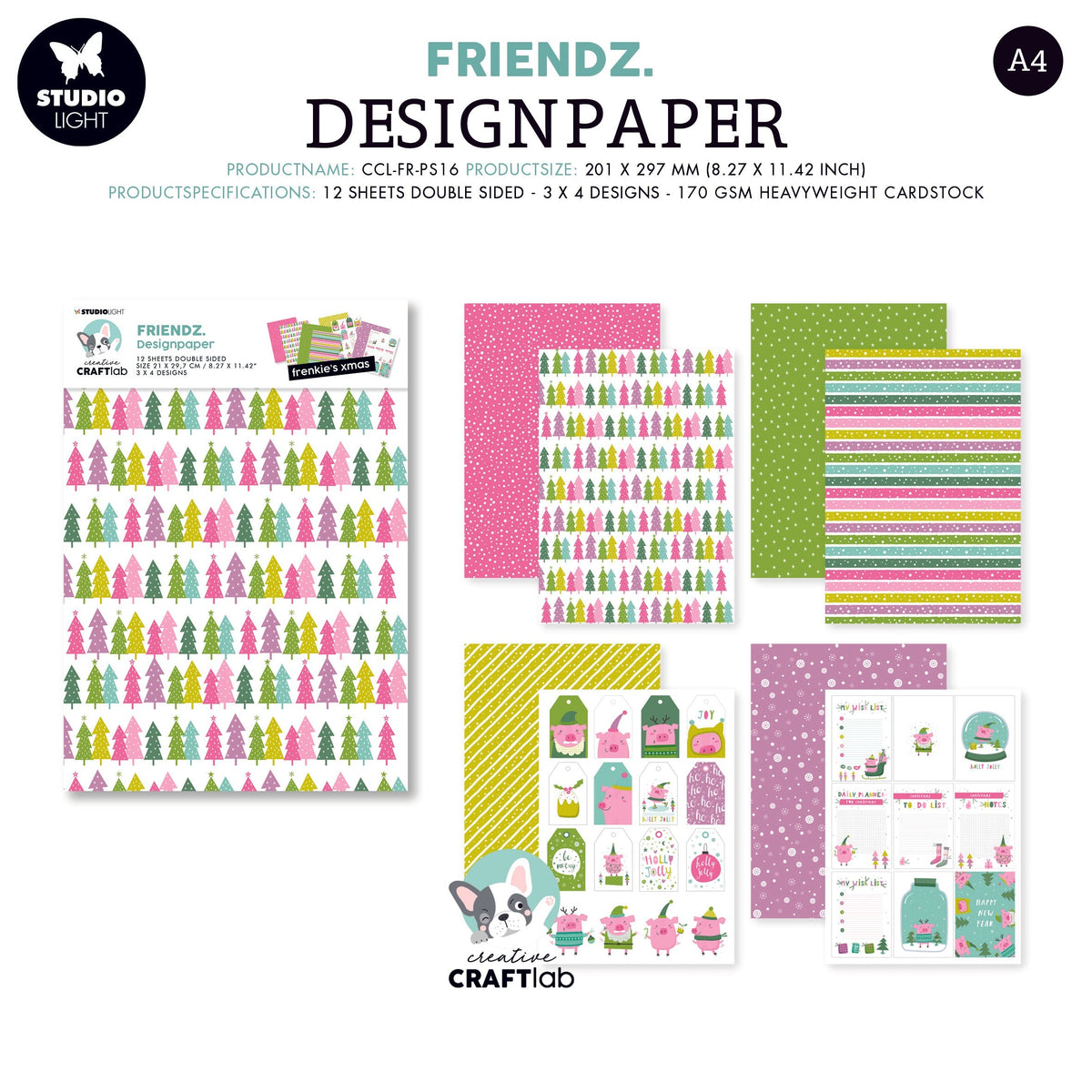 Assortiment de papiers CCL Frenkie's Xmas Friendz 210x297x3mm 12 FEUILLES n°16