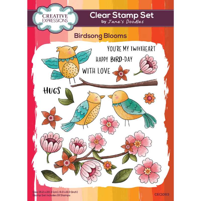 Creative Expressions Jane's Doodles Birdsong Blooms, lot de tampons transparents 6 po x 8 po