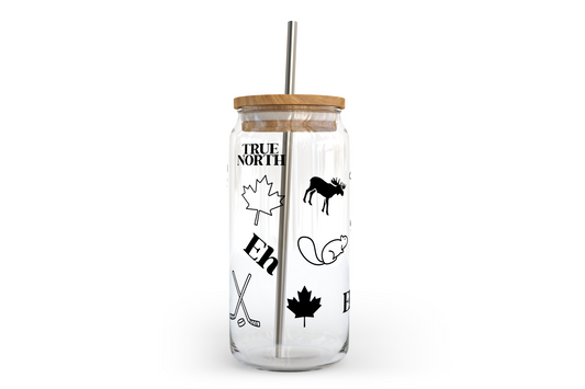 Gobelet en verre à motifs canadiens avec couvercle en bambou